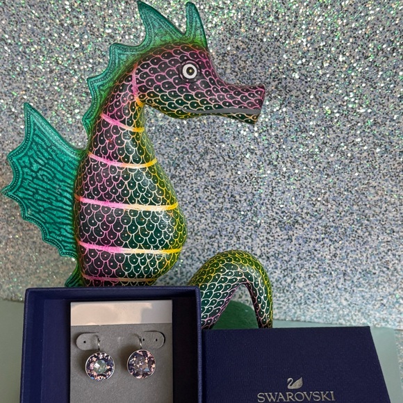 Authentic Stamped Swarovski Large Bella Violet Purple Bezel Lever Back Earrings - Picture 3 of 12